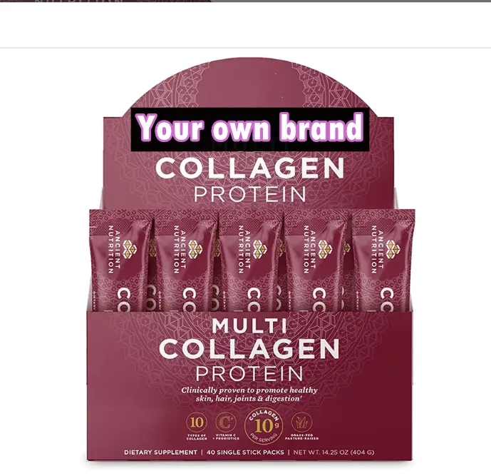 Polvo de proteína de colágeno múltiple con 10 tipos de colágeno Vitamina C y probióticos para la belleza