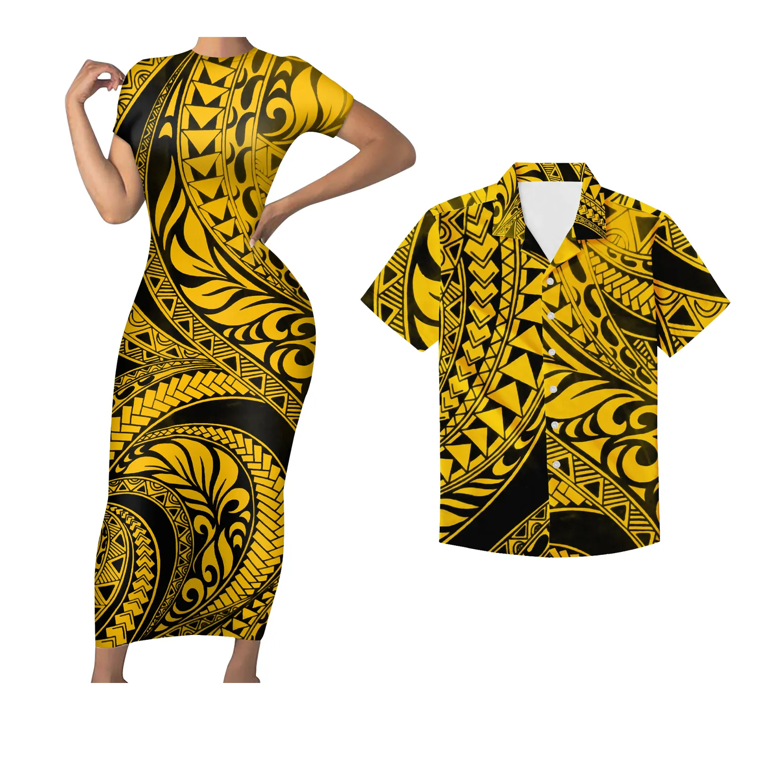 Комплект из 2 предметов с принтом золотого, желтого, золотого, традиционного племенного полинезийского Американского Самоа, парные наряды, женские платья, мужские Рубашки, Топы
