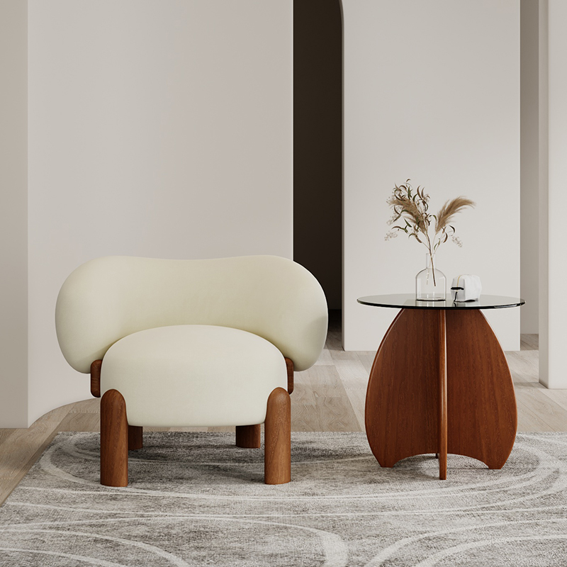 Fauteuil individuel blanc laiteux, pieds couleur noyer, revêtement en flanelle.02
