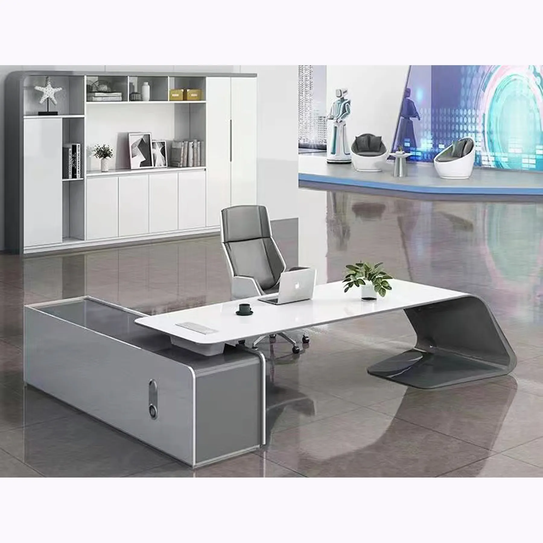 Moderne Luxe Wit Bureau Hoge Glanzende Kantoortafel Baas Executive Desk