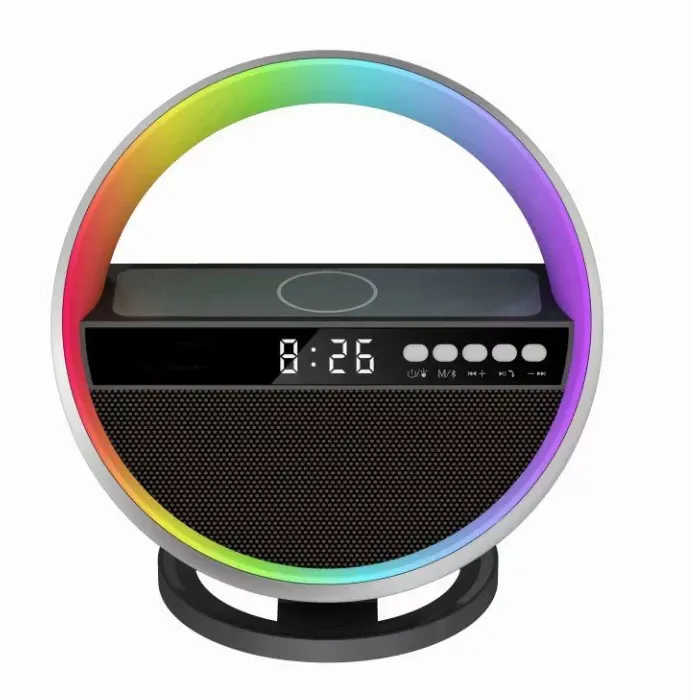 Speaker Bluetooth nirkabel portabel, pengeras suara bentuk G warna-warni, pengisi daya nirkabel 15W multifungsi, lampu malam, Jam Alarm, Speaker Bluetooth nirkabel
