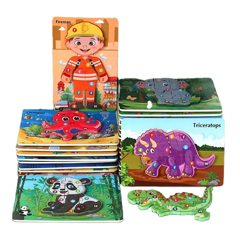 Baby Toddlers Kids Animal 3D Wooden Jigsaw Puzzle Spelling Montessori Educational Learning Toys