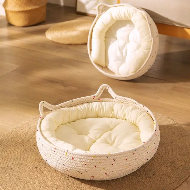 かわいい綿のロープで編まれた猫のベッド、キティの小さな犬の子犬のための巣、中小のペットに適しています