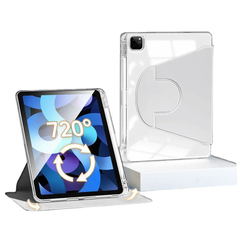 360 Rotation antichoc acrylique + étui en PU housses et étuis pour Ipad 720 rotation étui en cuir de Silicone acrylique Transparent