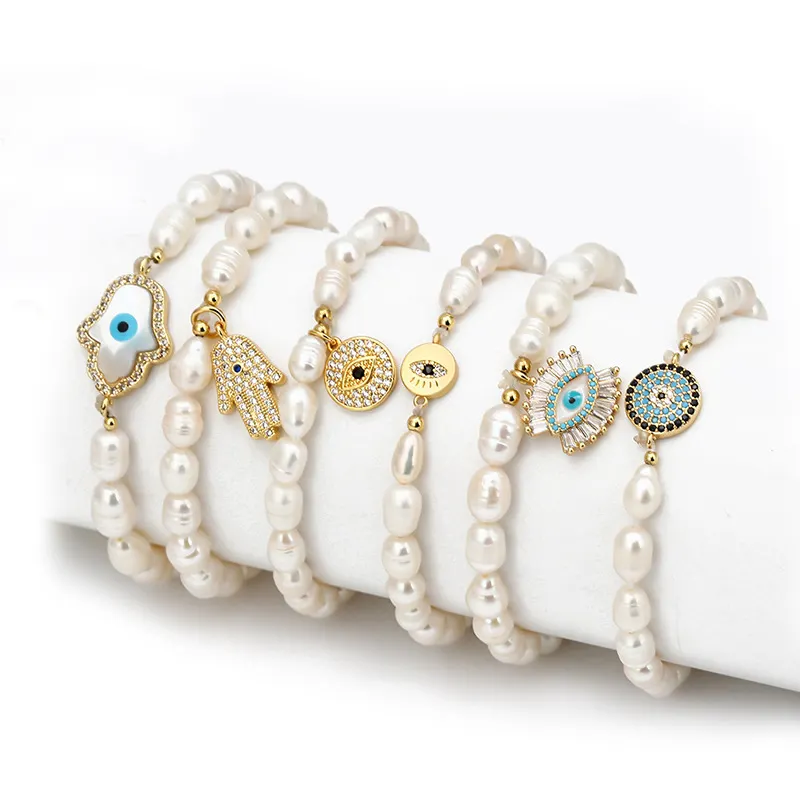 2024 naturale vero e proprio braccialetto di perle d'acqua dolce occhi malvagi fatima braccialetti regolabili perle bianche perline bracciali