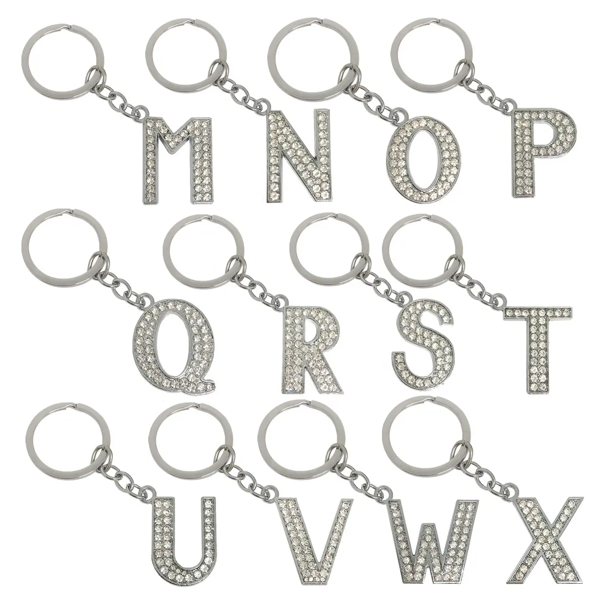 Venta al por mayor de aleación de zinc metal rhinestone letras iniciales llavero cristal alfabeto inglés letra llavero