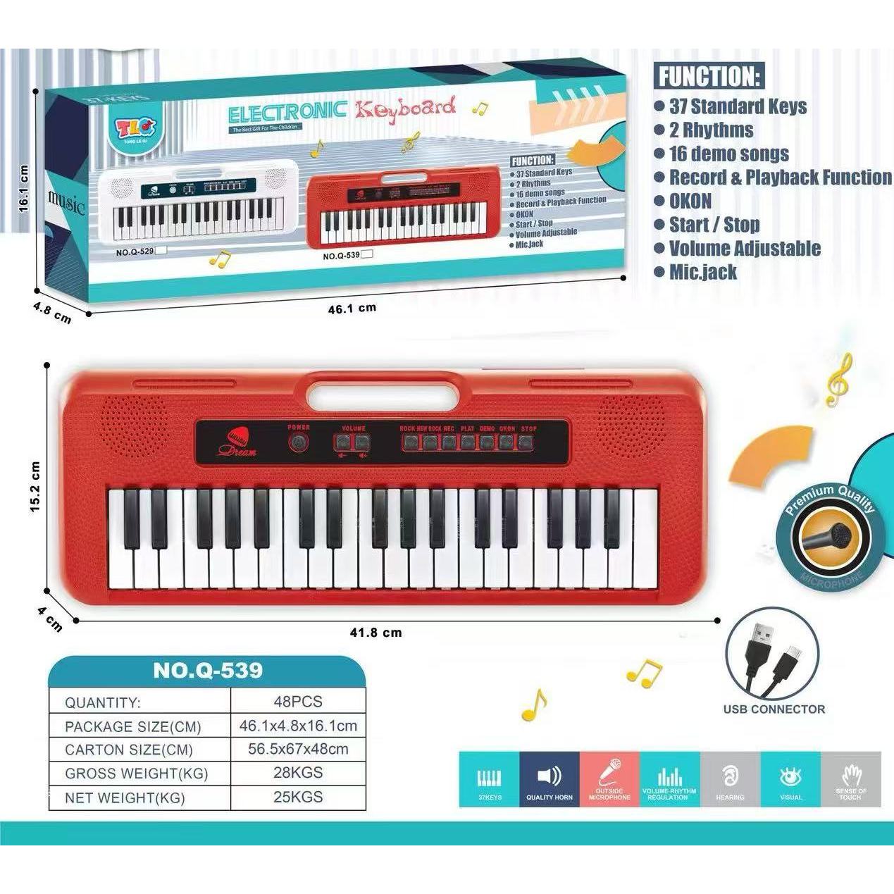 37-key red electronic keyboard with microphone