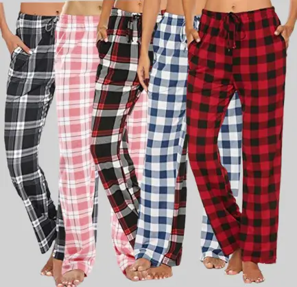 Hochwertige benutzer definierte bequeme Herbst Winter warme Lounge-Hose mit Taschen Stricken 100% Baumwolle Plaid Pyjama-Hose für Frauen