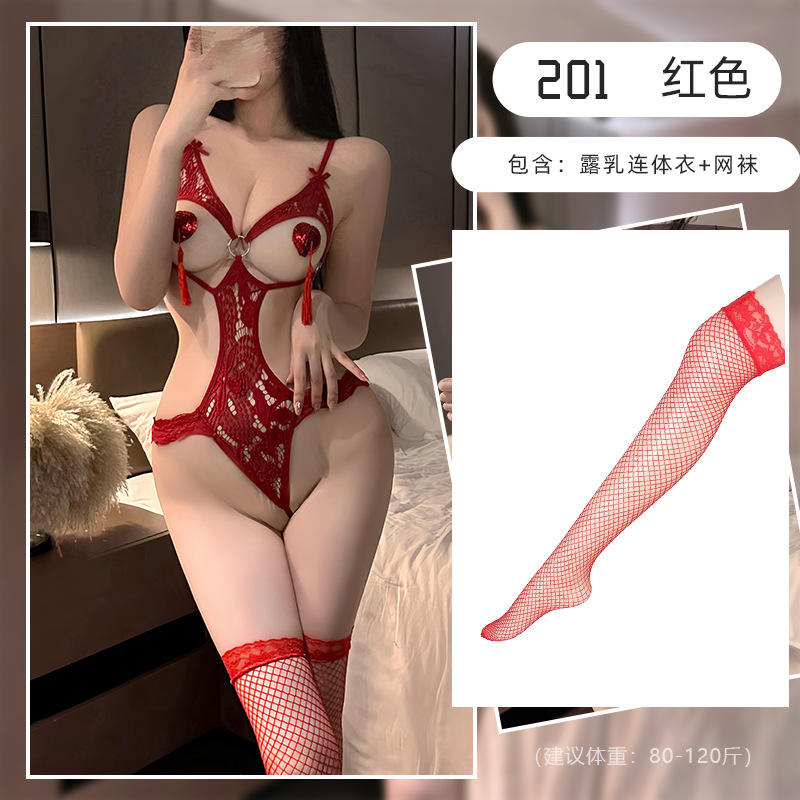 ถุงน่องตาข่ายสีแดง + สีแดง