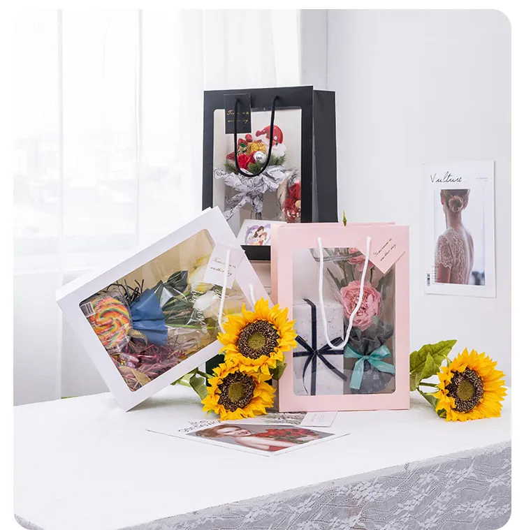 Individuelles durchsichtiges Fenster handwerk Geschenk kleine Einkaufstaschen Verpackung Souvenirs Geschenk Gesicht Blume Papiertüte für Blumensträuße mit Griff