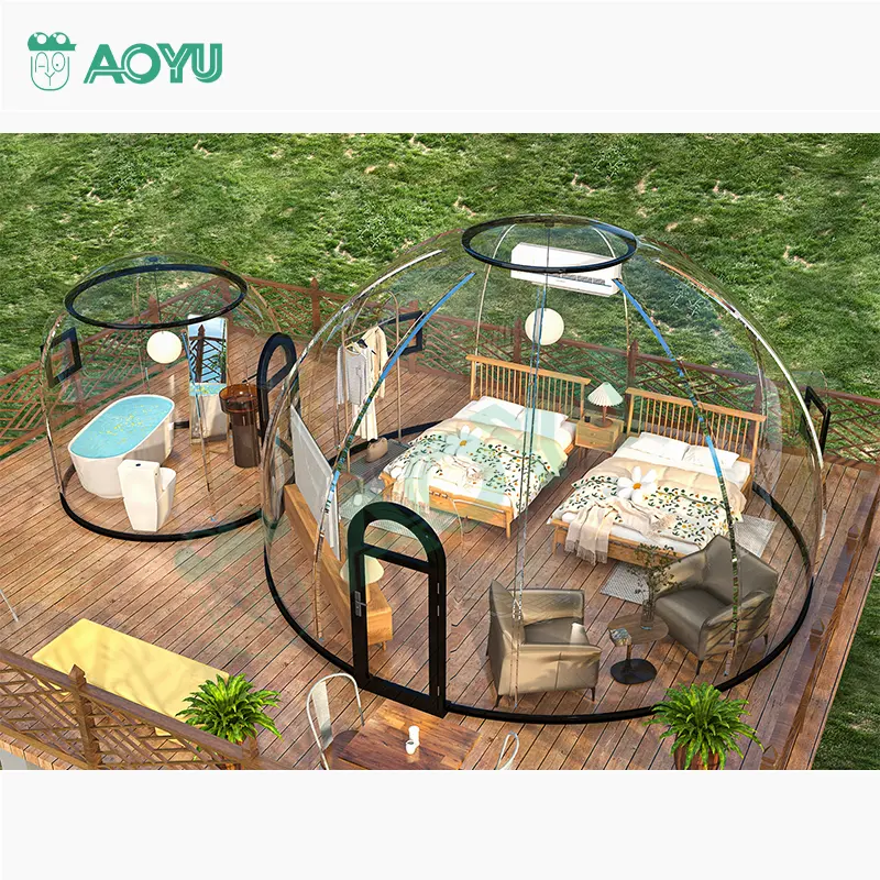 Prefab đúc sẵn thiết kế mới ngoài trời rõ ràng PC Nhà Bên biệt thự Polycarbonate glamping bong bóng mái vòm lều với nhà vệ sinh