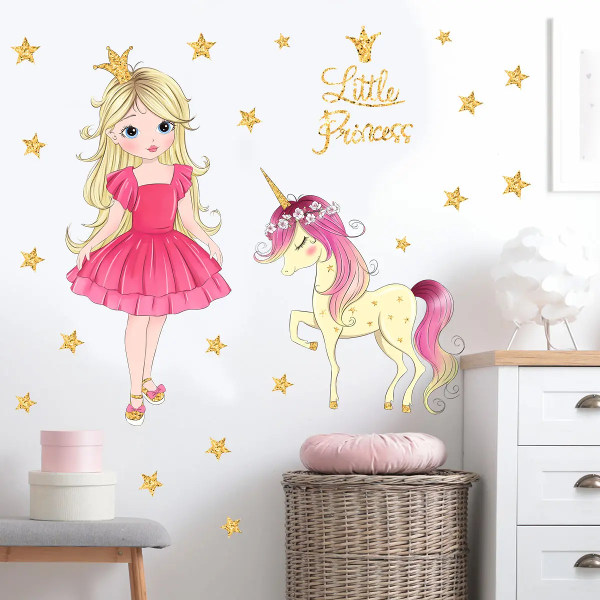 Hermosa princesa niña unicornio pared pegatina dibujos animados unicornio estrella calcomanías sala de estar papel tapiz decorativo