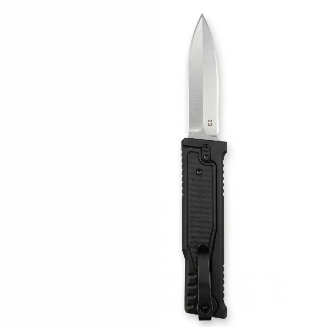 Black handle, silver blade, double-edged