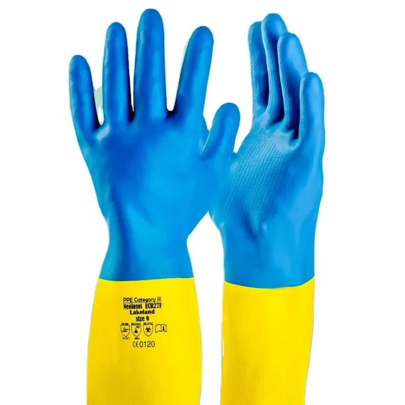 Gants de protection chimique en caoutchouc naturel mélangés en néoprène de corrosion résistant aux alcalis acides