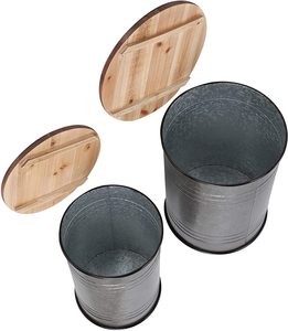 乡村储物搁脚凳、农家茶几、镀锌金属口音边桌玩具箱，带圆形木盖 - Product Image 2