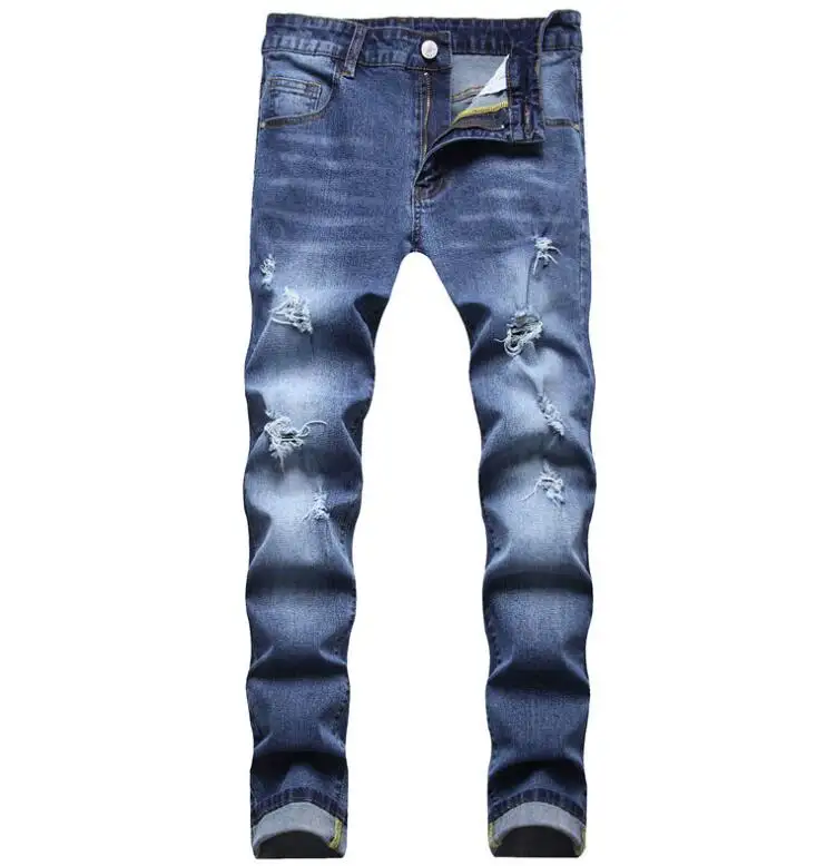 New men jogger jeans england style pants denim cotton trousers Biker streetwear elastic patch hole jean