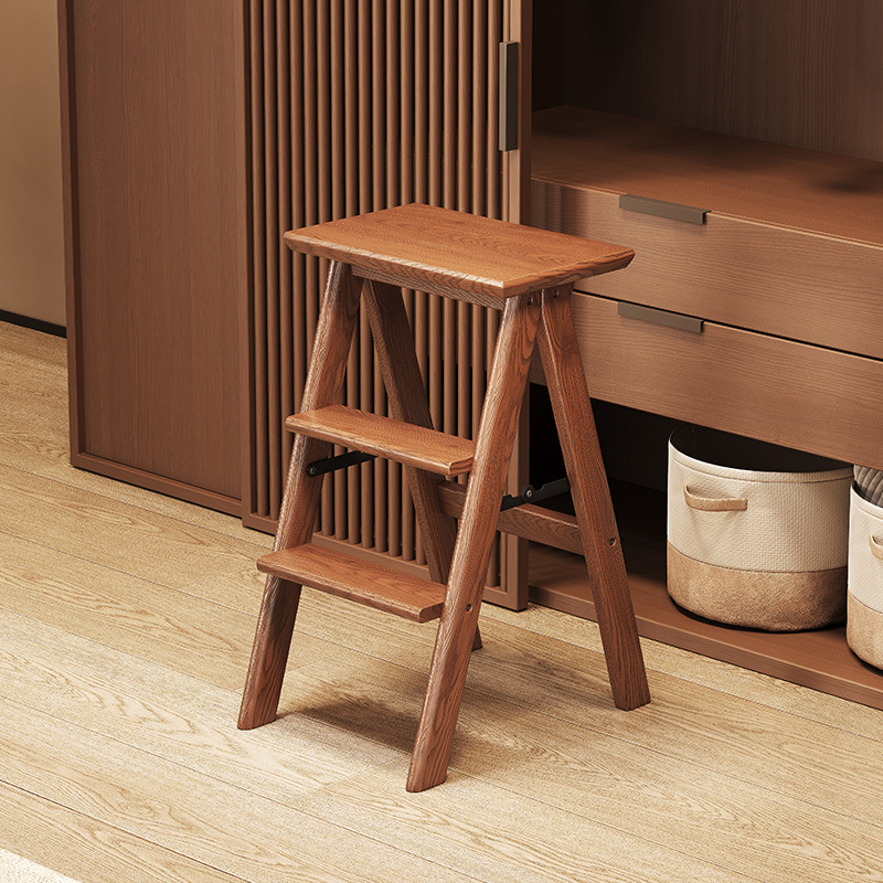 Walnut-colored thickened foldable three-step step stool