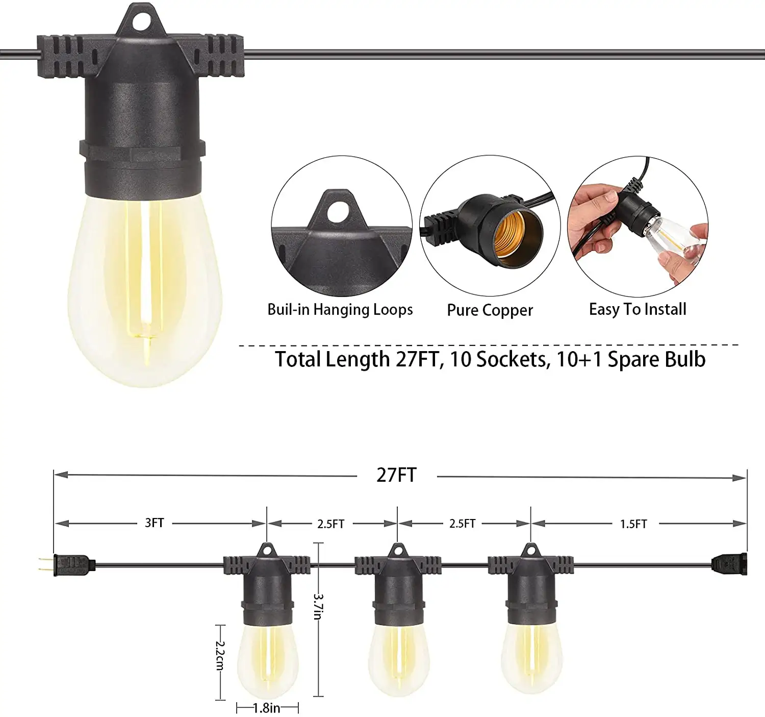 Guirlande lumineuse Extensible à LED avec prise US UK AU, Kit d'éclairage de boules, style rétro, Vintage, chaude, pour fête