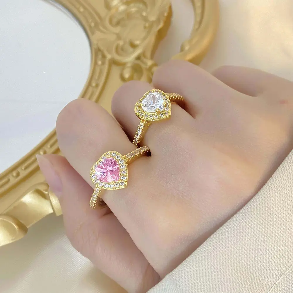 Anillo de joyería de moda de nuevo diseño, anillos de corazón rosa de circón de Color plateado delicado, joyería para mujer