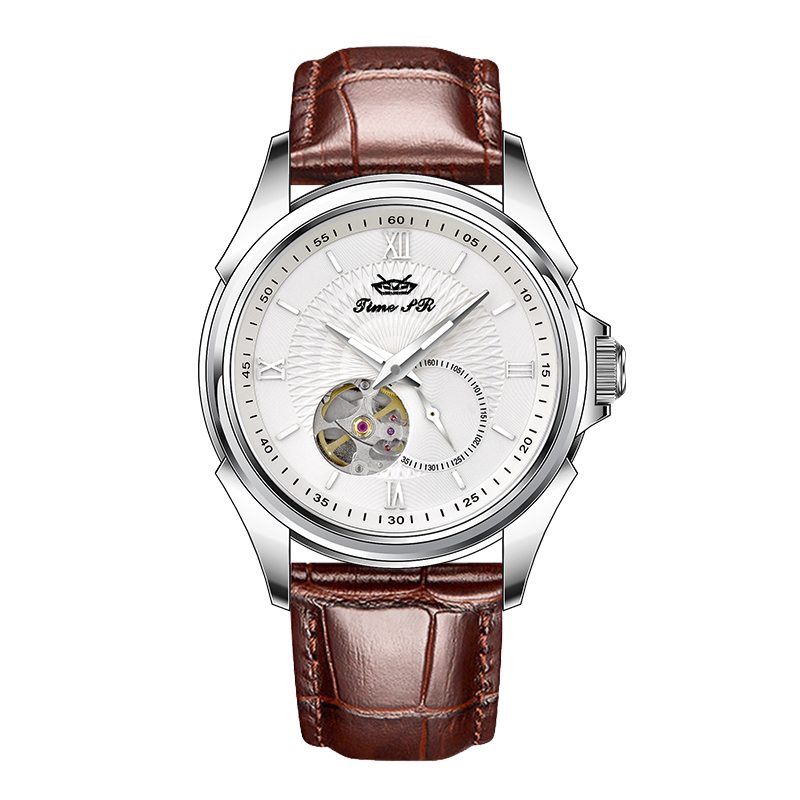 Boîtier argenté, cadran argenté, bracelet marron