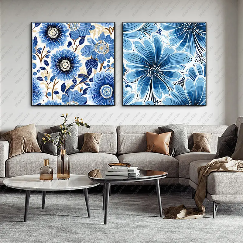 Pintura abstracta de flores azules, decoración moderna enmarcada para el hogar, póster de rubor pintado para sala de estar
