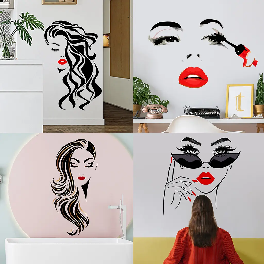 Double Color Beautiful Lady Hairdresser Wall Stickers For Beauty Salon Lady's Red Lips PVC Makeup Sticker Hair Barbers Decals