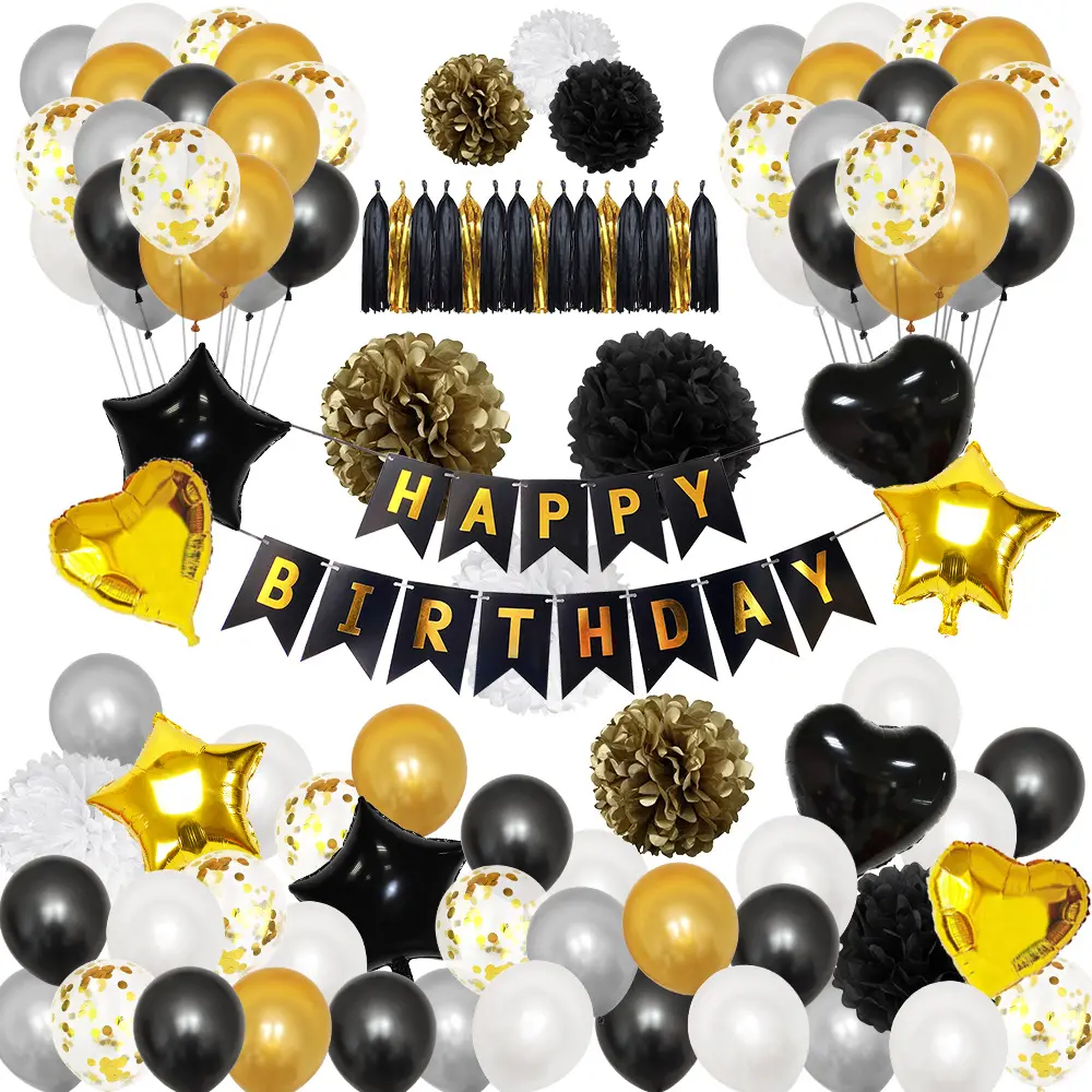 Decorações De Aniversário Puchod Kit Decoração De Festa De Aniversário 99pcs Balões Confete Feliz Aniversário com Papel Pom Pom Preto Ouro