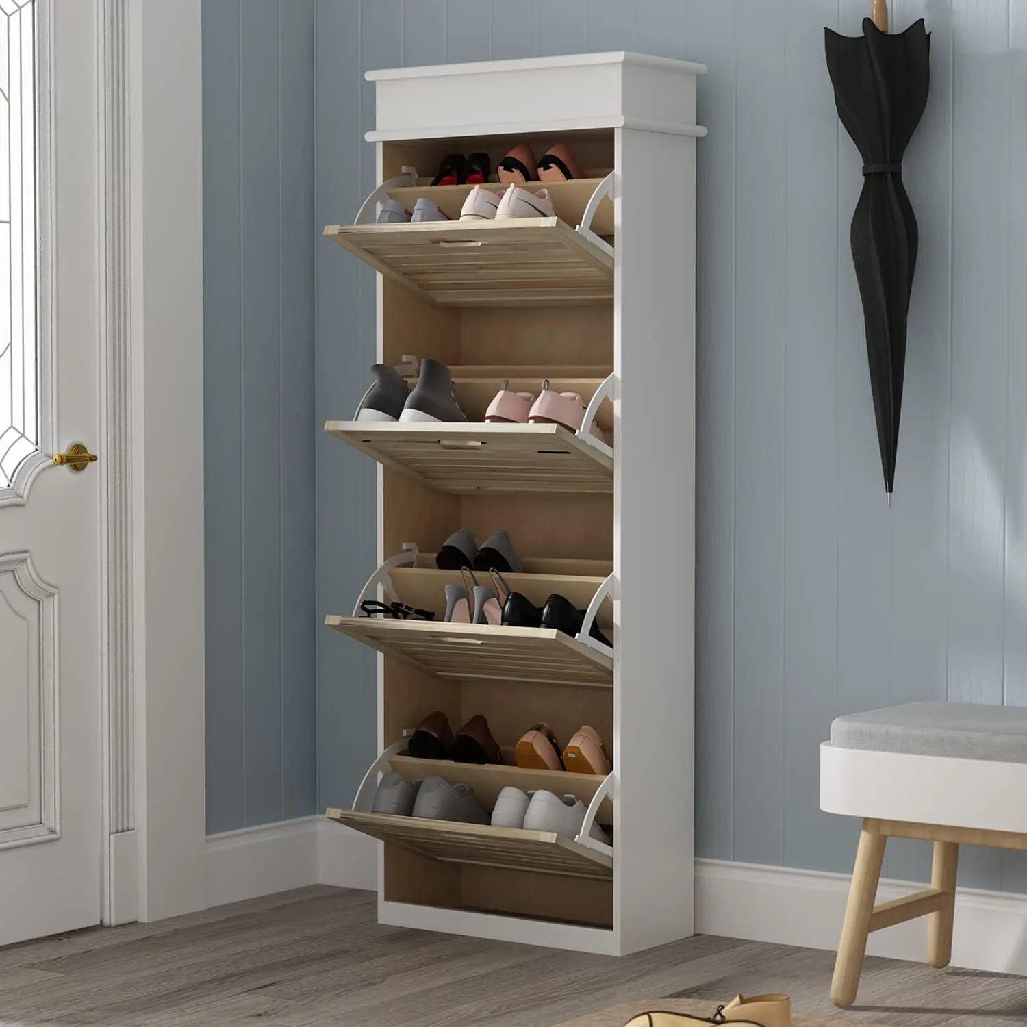 White Wood 3 Louvered-Drawers Shoe Storage Cabinet with Foldable Compartments Chest of drawer for Entryway Hallway