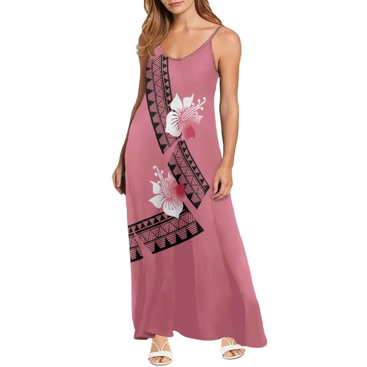 Großhandel Sommerkleider Frauen Casual Slip Nacht kleid Chiffon Maxi Polynesian Tribal Pink Tiare Custom Spaghetti träger Kleid