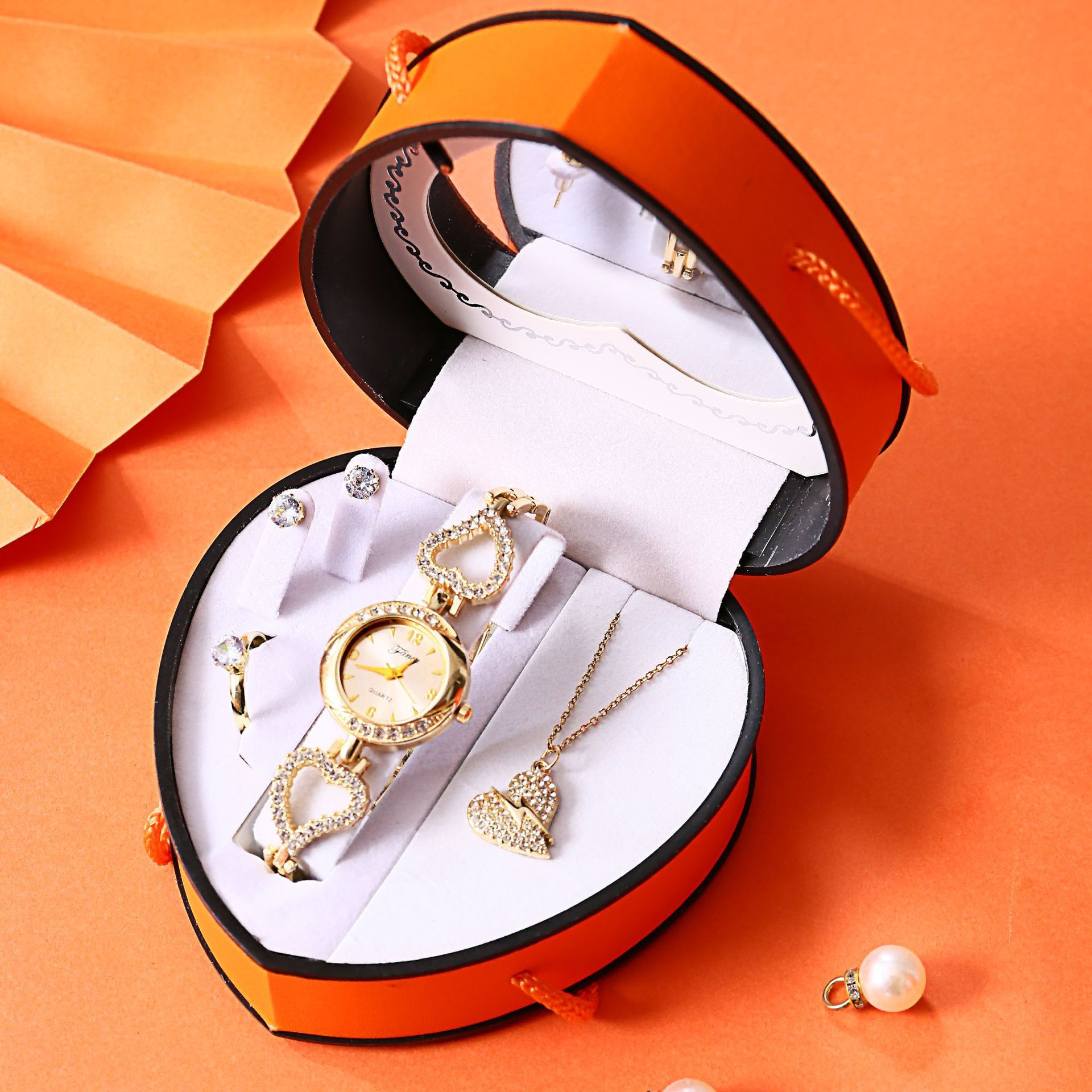 Juego de 5 piezas: reloj, collar, pendientes, anillo, caja de regalo - t118k-10
