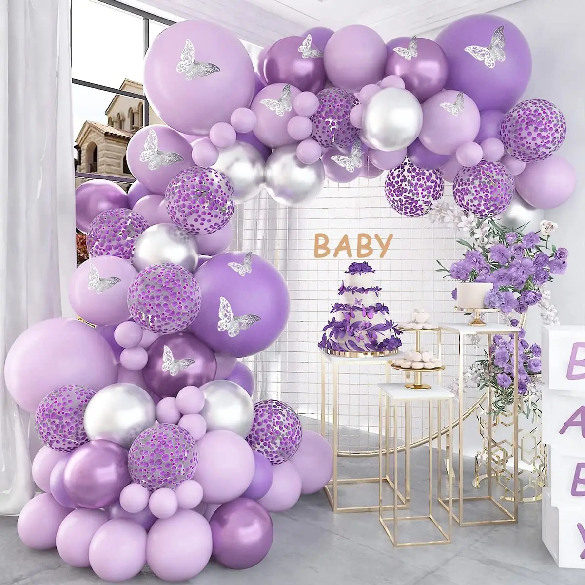 Kit d'arc de ballon violet ballons avec autocollants papillon ballons bricolage pour la décoration de fête d'anniversaire bébé douche mariage