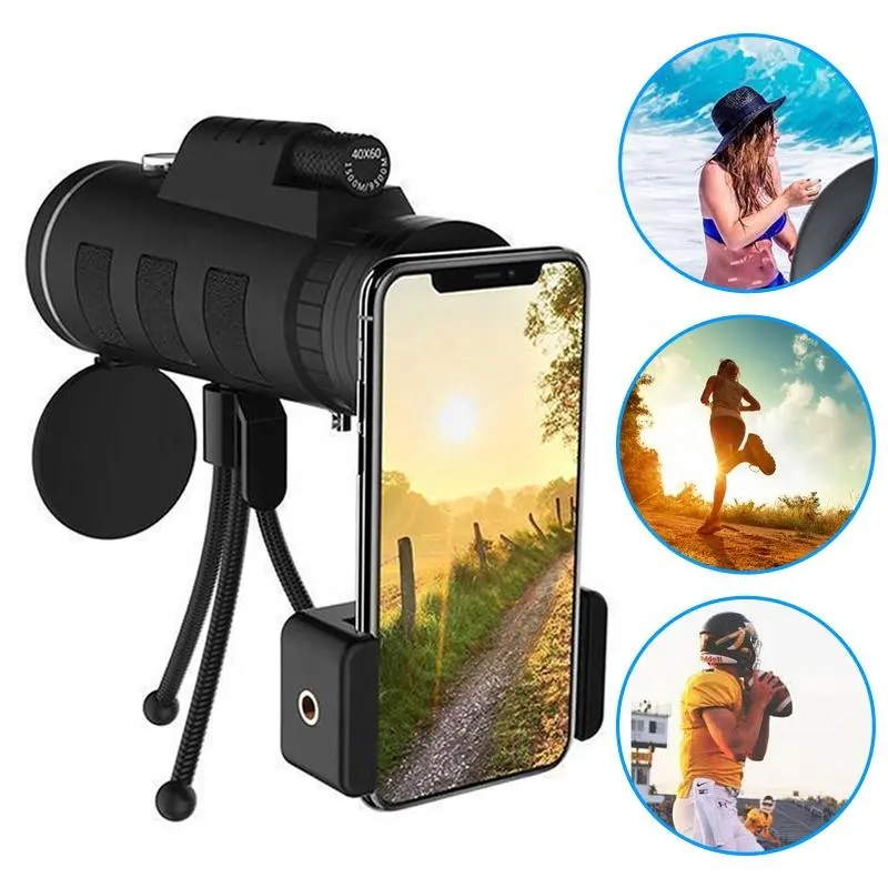 Objectif pour téléphone 40x60 Zoom pour Smartphone télescope monoculaire caméra Camping randonnée pêche avec boussole Clip de téléphone trépied