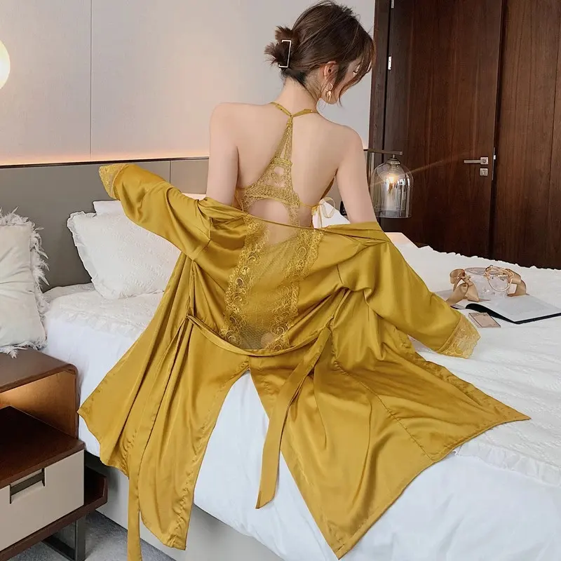 2021 nuevas llegadas 2 piezas de seda de hielo traje conjuntos sexy Torre Eiffel bordado ropa de dormir para mujeres verano sedoso kimono pijama