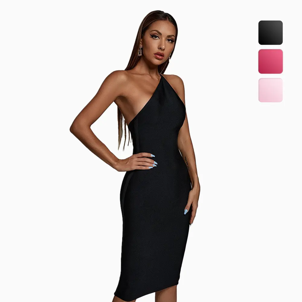 Mulheres Um Ombro Bodycon Preto Midi Elegante Verão Casual Equipado Sexy Vestido De Cocktail Preto Para Adolescentes Partes