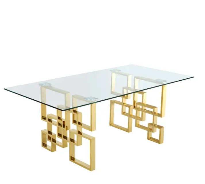 Mesa de sala de jantar, mesa de jantar de vidro moderno de aço inoxidável dourado retangular quadrado vidro temperado transparente mesa de jantar