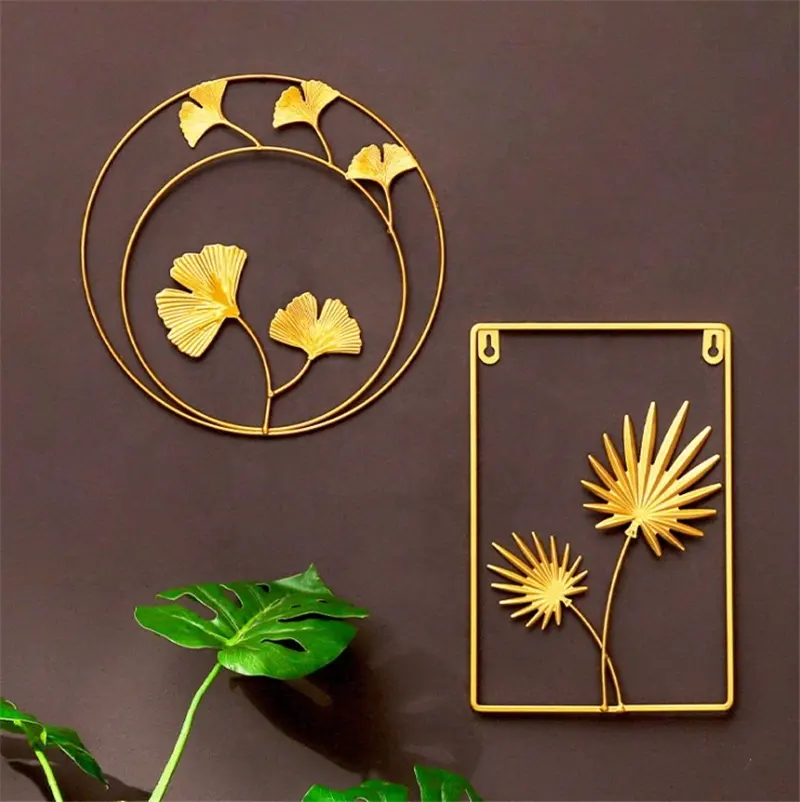 Nordic Hanging Wall Golden Ginkgo Metal Wrought Iron Leaf Round Wall Decoration Pendant Living Room