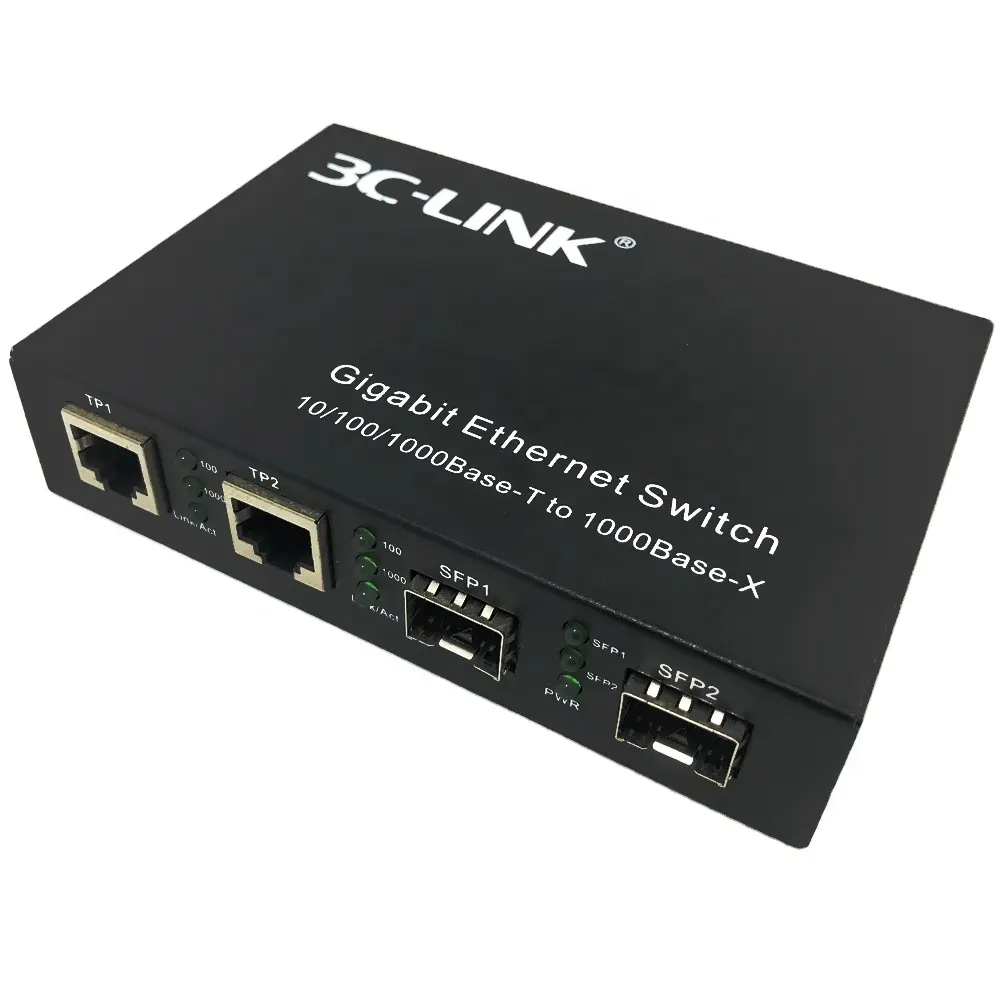Dos ranuras de fibra óptica 1000Base-SX / LX SFP Gigabit y dos interruptores de cobre de 10/100/1000Base-T, 4 puertos, convertidor de medios de fibra óptica
