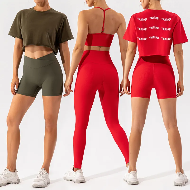 2023 Sexy entrenamiento delgada Correa sujetador V corte Cruz cintura Leggings Top 5 piezas gimnasio Fitness desgaste traje de Yoga de las mujeres