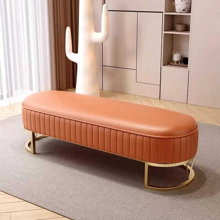 Banco de sofá moderno, taburete de extremo de cama de cuero, silla de Banco tapizada para dormitorio, base de acero inoxidable dorado, taburete de salón y Otomano de terciopelo