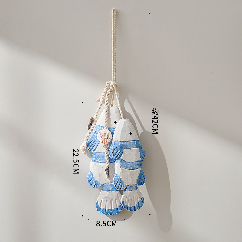 Carved blue fish string pine wood
