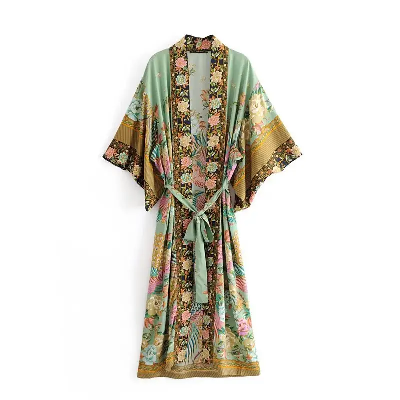 Vestido largo holgado con estampado Floral para mujer, kimono largo con estampado de flores y pájaros, estilo bohemio