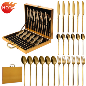 High Quality Restaurant Luxury Gold 24 Pieces Gift Wooden <strong>Box</strong> Dining Stainless Steel <strong>Flatware</strong> Knife Cutlery Set Spoon and Fork