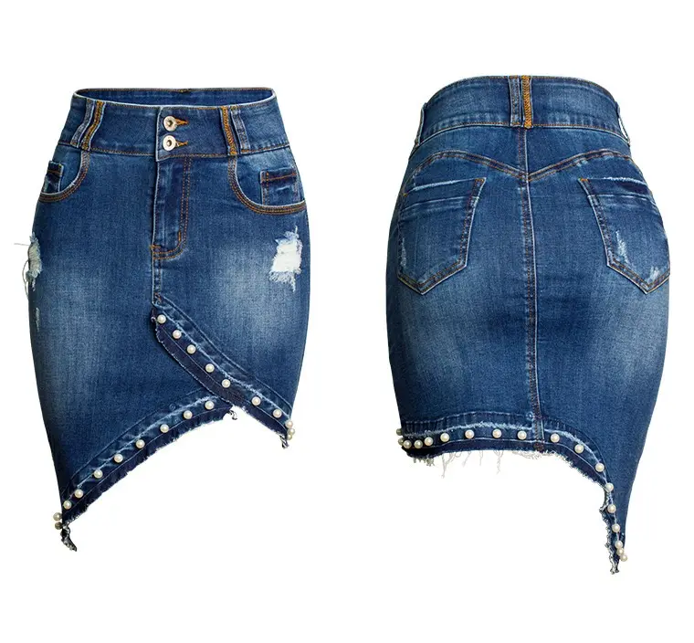 Instahot — Mini jupe en Jean extensible pour femmes, poches, ourlet froncé irrégulier, personnalisée, grande taille, nouvelle collection