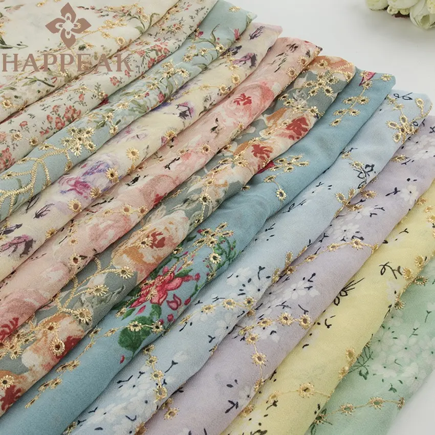 HAPPEAK High Quality 100% Polyester Embroidery Fabric Soft Floral Flower Chiffon Embroidered Eyelet Fabric For Wedding Dress