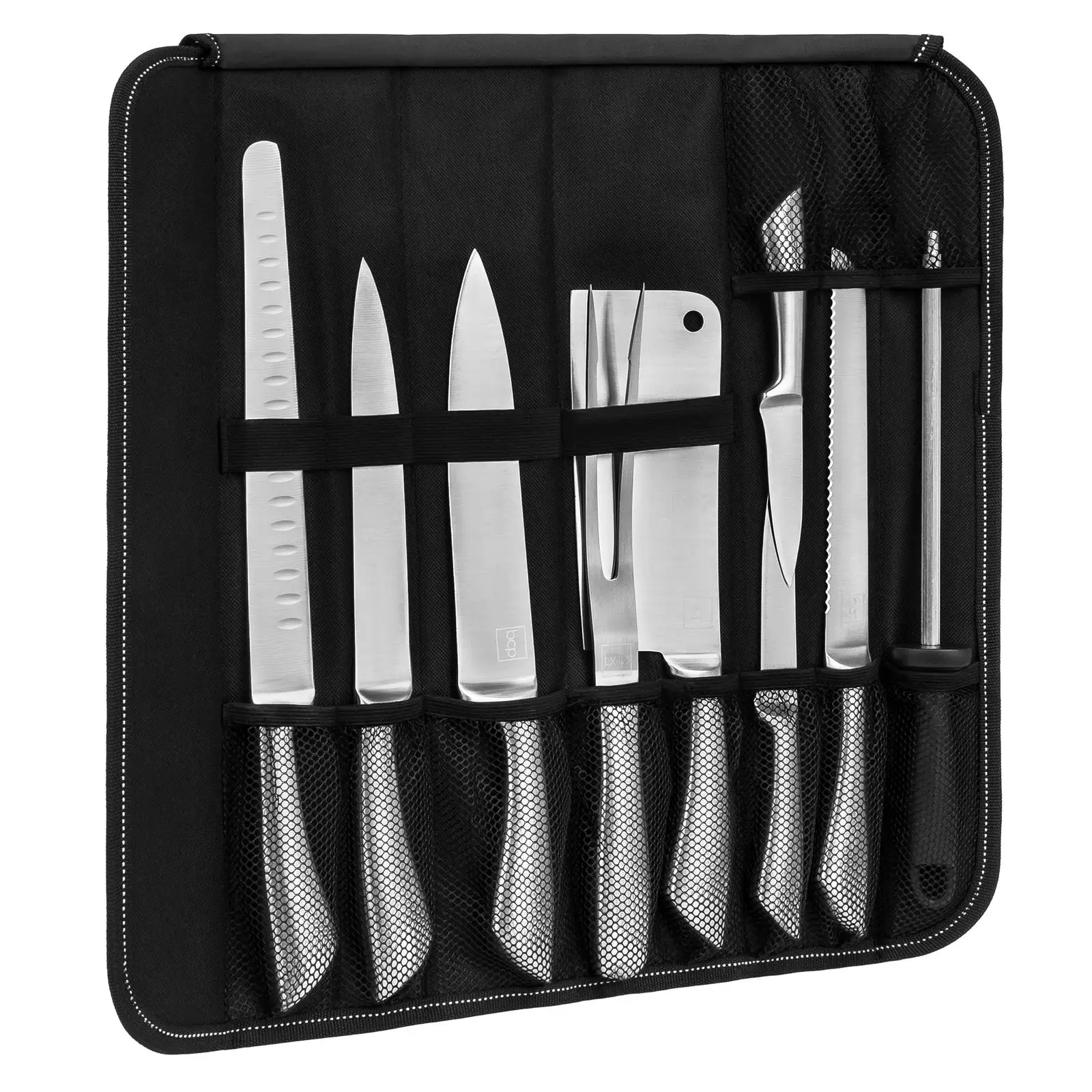 Barbekü İsviçre ev paslanmaz çelik 9 adet içi boş kolu şef mutfak biftek bıçağı ve çatal çatal bıçak kaşık seti rulo çanta ile