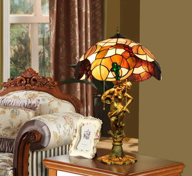 40cm 티파니 스테인드 글라스 클래식 포도 미용 합금 테이블 램프 거실 가정 장식 현대 침대 옆 크리스탈 테이블 램프