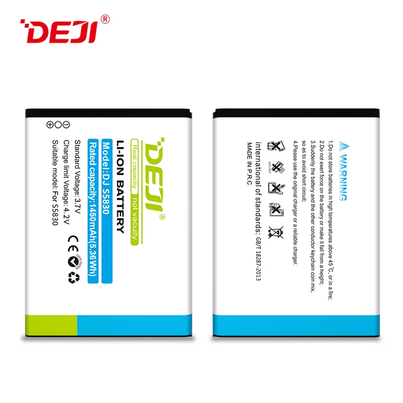 Baterias Digitais Deji de alta Capacidade 1450mAh S5670 S7250 S7500 para Samsung S5830 EB494358VU Bateria