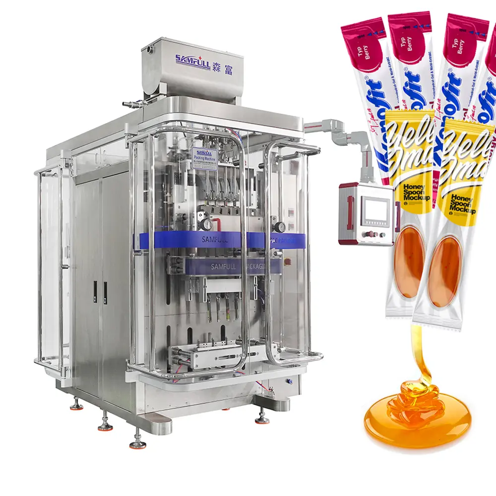 Máquina empacadora de llenado de salsa de Ketchup líquida de bolsita de varios carriles, máquina empacadora Vertical de palitos de gelatina de fruta y miel