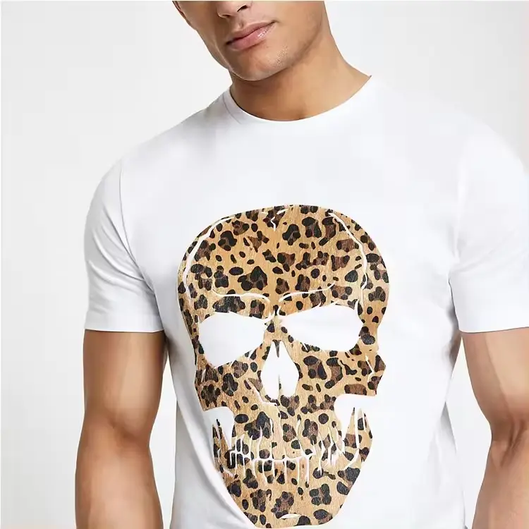 Trắng Leopard In Skeleton Slim T-Shirt Tùy Chỉnh Người Đàn Ông Giản Dị Của T-Shirt Thoải Mái Ngắn Tay Áo T-Shirt Dệt Verano Dệt Kim