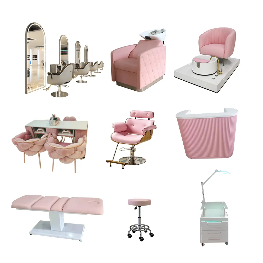 HOCHEY लक्ज़री नेल हेयर सैलून फर्नीचर सेट उपकरण गुलाबी काला सौंदर्य नाई पेडीक्योर मैनीक्योर कुर्सी और दर्पण सेट बिक्री के लिए